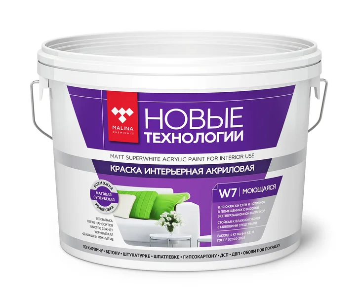 Краска ВДАК 2180 для стен и потолков моющаяся супербелая Новые технологии W7 25 кг