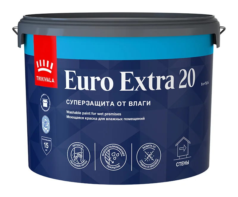 Краска ВД интерьерная моющаяся полуматовая Tikkivala (Tikkurila) EURO EXTRA 20 База А 9л