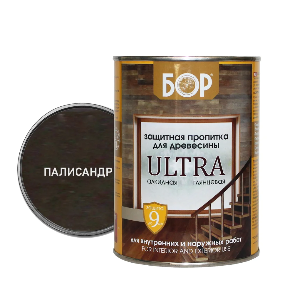 Пропитка защитная БОР ULTRA тонирующая алкидная глянцевая ПАЛИСАНДР 0,75кг