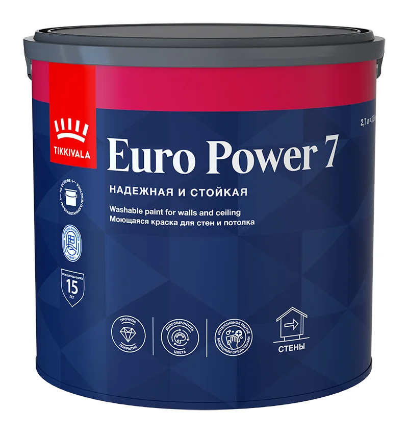 Краска ВД интерьерная моющаяся матовая Tikkivala (Tikkurila) EURO POWER 7 База C 2,7л