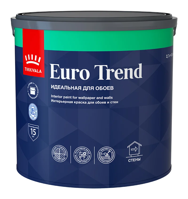 Краска ВД интерьерная для обоев и стен матовая Tikkivala (Tikkurila) EURO TREND База C 2,7л